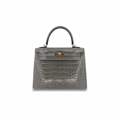 HERMÈS MASTER KELLY 25 SELLIER GRIS CEMENT SHINY ALLIGATOR GOLD HARDWARE (25*17*7cm) 